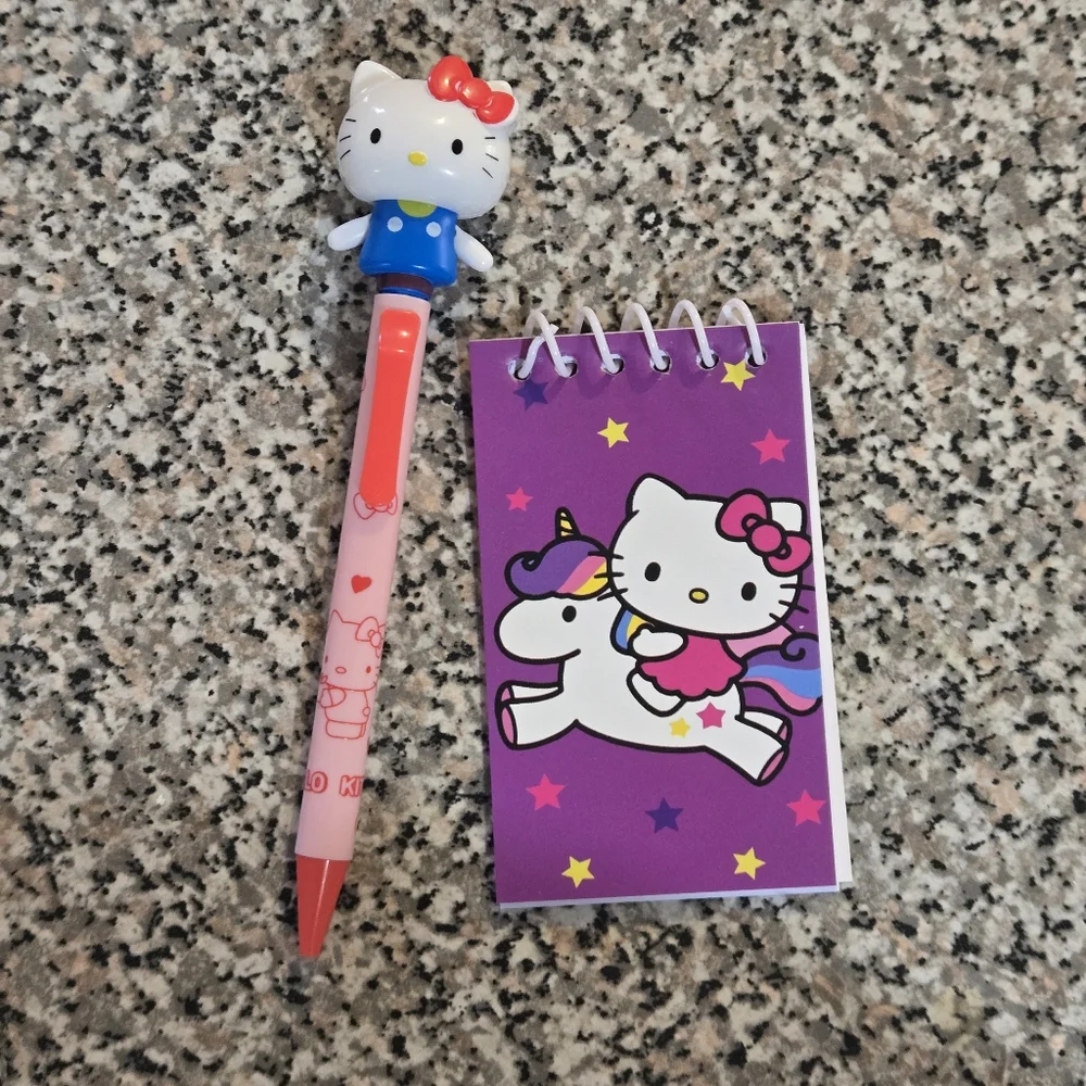 Waving Hello Kitty Pen and With Unicorn Notepad - Pink and Blue
